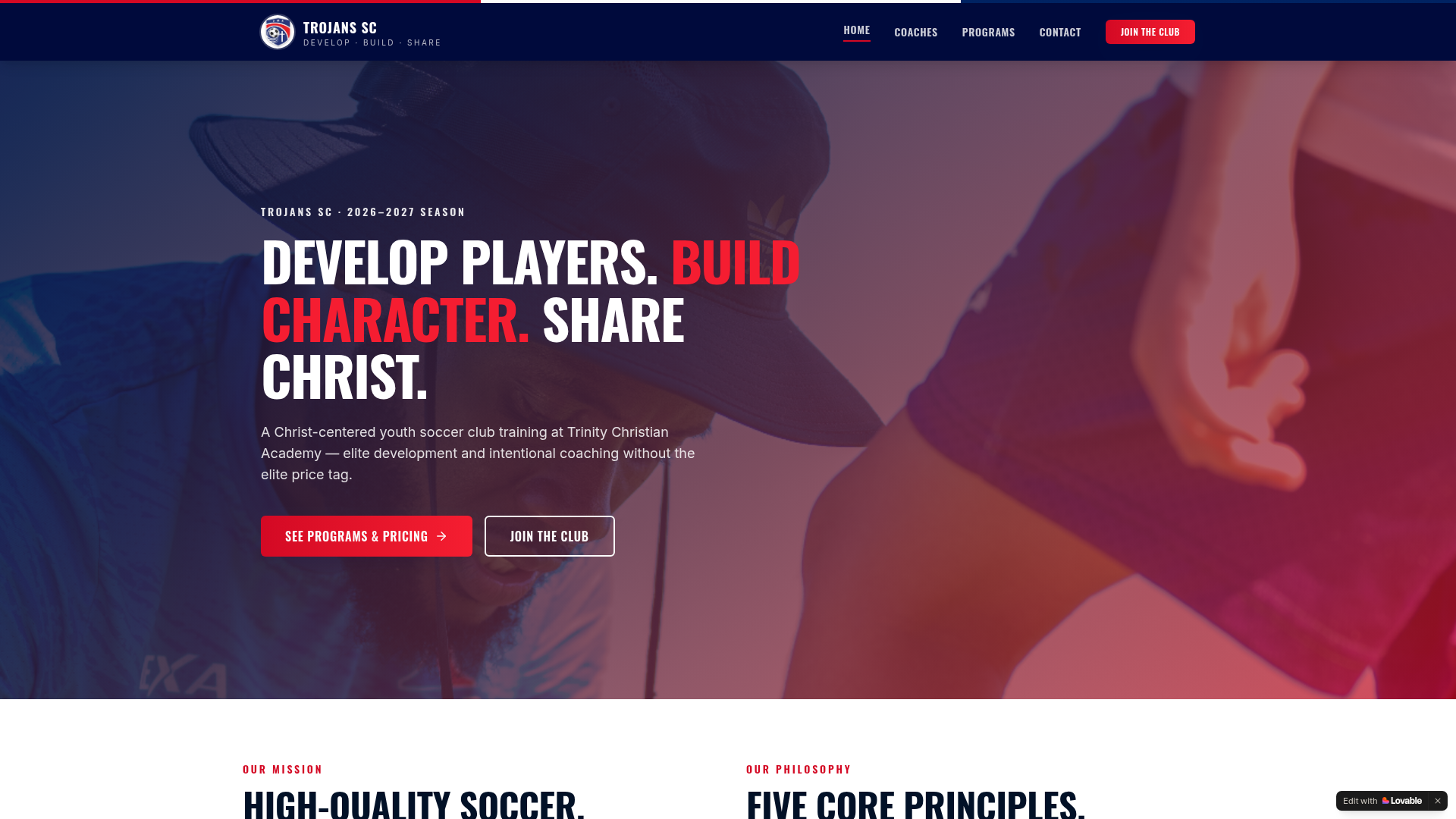 Trojans SC — Christ-centered youth soccer club website homepage
