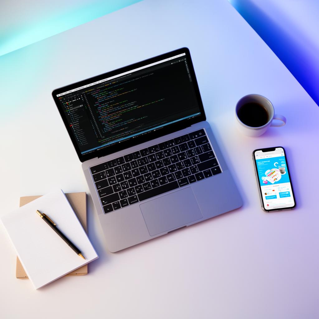 Modern workspace with laptop showing code and phone showing a responsive website